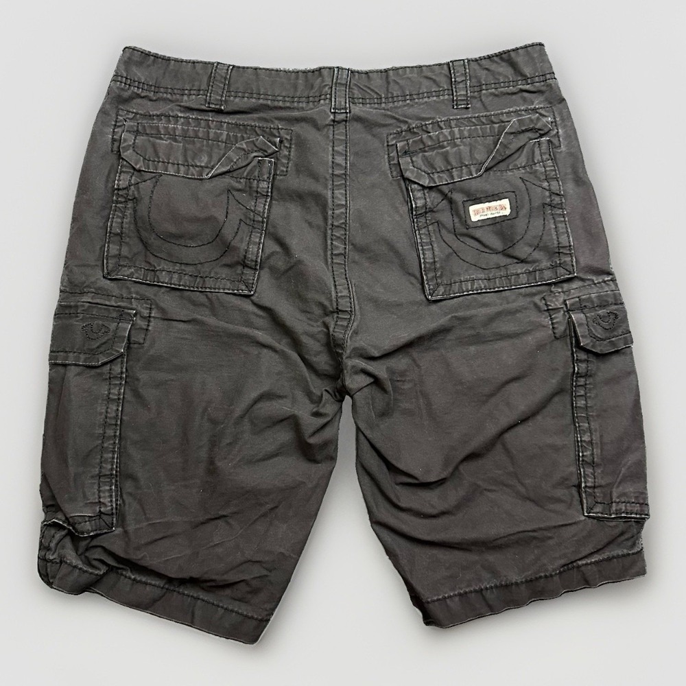 Y2K True Religion Baggy Cargo Shorts Mens 34x12 Brown Faded Thick Stitch Grunge